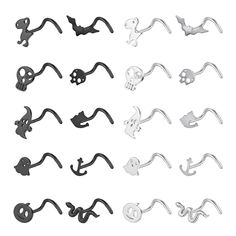 a collection of various metal hooks on a white background