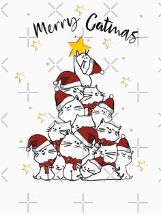 a christmas card with cats in santa hats on top of a tree and the words merry cat