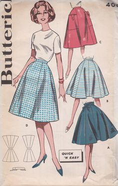 This vintage Butterick sewing pattern was designed in 1960. It makes a full, 8 gore skirt and a flared, 6 gore skirt with optional button trimmed pockets. Size : Waist 32   ---   Hip 42. The pattern is unused and still in factory folds. The instructions are present. The envelope is wrinkled but intact. To see more vintage separates patterns: https://www.etsy.com/shop/studioGpatterns?section_id=6940897 To visit my shop: https://www.etsy.com/shop/studioGpatterns Retro A-line Pleated Skirt, Vintage Full Skirt With Buttons, 50s Skirt Pattern, 60s Skirt, Gore Skirt, Sewing Patterns Skirt, 50s Skirt, 1960s Patterns, Skirt Pattern Free