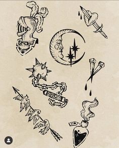 an old school tattoo flash sheet with various tattoos on it's sides and different designs