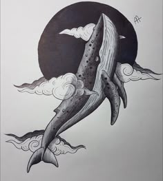 a drawing of a whale jumping out of the water with clouds and stars around it