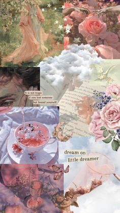 a collage of pink roses and clouds with words written on them, in different languages