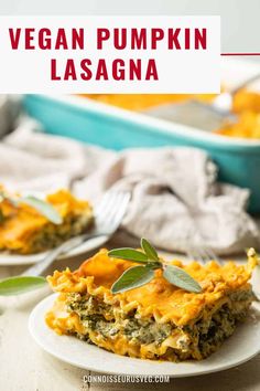 vegan pumpkin lasagna on a plate with a fork and serving dish in the background