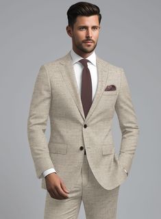 Embrace a classy aura with the Loro Piana Gemma Wool Silk Linen Suit, a luxurious and high-end addition to any man's wardrobe. Bespoke with premium materials including wool, silk, and linen, it offers a perfect balance of style, comfort, and quality. Its fabric is soft, breathable, and flows beautifully on the body. The color is a versatile and perennial shade of beige. With such a suit, you are guaranteed to look sharp and polished. Its elegance is matched only by its versatility and lasting appeal, making it a great choice for a formal event, business meeting, or special celebration.    A marriage of elegance and comfort, Loro Piana fabrics are made using the highest quality raw materials in the world, in their purest form or blended together. A sophisticated response to the dictates of Luxury Fitted Wool Sport Coat, Luxury Fitted Tweed Jacket With Welt Pockets, Luxury Fitted Single Breasted Tweed Jacket, Luxury Fitted Tweed Jacket For Business Casual, Elegant Tweed Jacket For Business, Luxury Fitted Single-breasted Tweed Jacket, Elegant Business Tweed Jacket, Tailored Luxury Tweed Jacket For Semi-formal Occasions, Luxury Tailored Tweed Jacket For Semi-formal Occasions