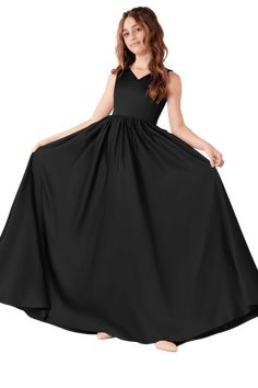 a woman in a long black dress