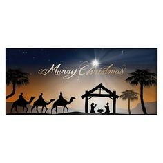 a christmas scene with three wise men in the manger and baby jesus on camels