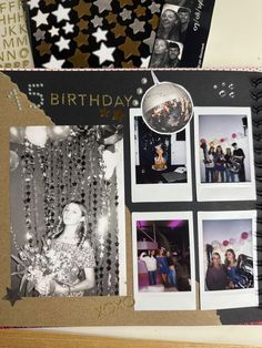 a birthday scrapbook with photos and stars on the pages, hanging from a string