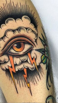 an all seeing eye with lightning coming out of the cloud tattoo design on leg for men