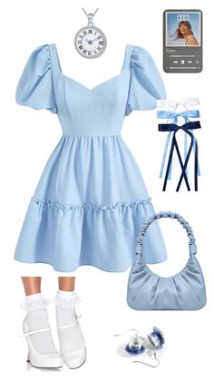 a blue dress with white shoes and accessories