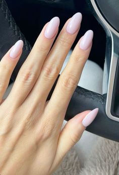 Plain Round Nails, Almond Nails For Pale Skin, Almond Nails Milky Pink, Light Pink Bridal Nails, Medium Length Oval Nails, Almond Solid Color Nails, Baby Pink Oval Nails, Pink Oval Nail, Nude Acrylic Nails Almond