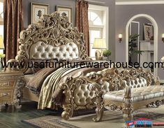 an ornate bed with gold furniture in a bedroom setting, including a bench and footboard