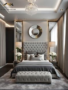 a bedroom with a bed, mirror and chandelier in the middle of it