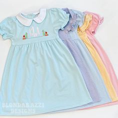 This listing includes 1 toddler or little girls dress with personalized embroidered monogram initials with back to school design. Wear this to preschool, school orientation, the first day of school, or any other casual day for kindergarten, 1st grade, 2nd grade, 3rd grade, or elementary school. We have several items in this material that are great for matching sisters, matching siblings, matching cousins, or matching friends DRESS DETAILS // Cotton Blend - soft, durable, and comfortable on the skin // Machine washable // Knee length dress with short sleeves that are puffy with elastic and a precious peterpan style collar // Optimal for a dressy or casual occasions during spring and summer // Gift wrapping and gift messages are available // Available in toddler and youth sizes // Dress colo Spring School Dress With Collar, Collared Spring Dresses For School, Fitted Dresses For End Of School Year, Back To School Dress, Matching Friends, Friends Dress, Matching Friend, Girls Back, Matching Sisters