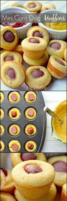 mini corn dog muffins are being cooked in the oven and then baked into cupcake tins