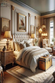 a large bed sitting in a bedroom next to two lamps