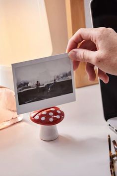 a person holding up a photo in front of a mushroom shaped object on a table