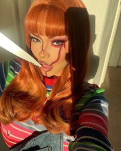 Chucky Glam Makeup, Halloween Y2k Costumes, Halloween Makeup With Red Hair, Chunky Makeup Halloween, Easy Chucky Makeup, Chunky Halloween Costume, Chucky Face Makeup, Cool Halloween Makeup Creative, Orange Hair Costume Ideas