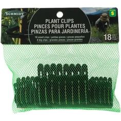 green plastic plant clips in a mesh bag on a white background with the words plant clips