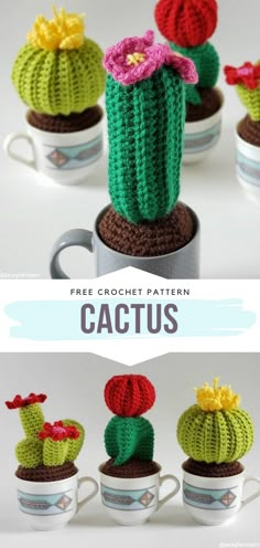 the crochet cactus is sitting next to two mugs with flowers on them