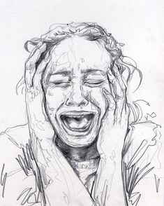 a drawing of a woman laughing and holding her hands to her face with one hand