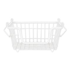 a white wire basket with handles on the top and bottom, against a white background