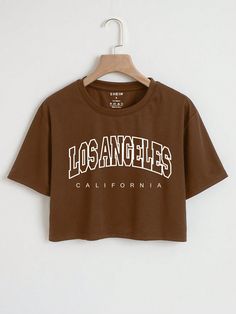 Letter Graphic Crop Tee Graphic Tees Women Tops Coffee Brown Casual  Short Sleeve Fabric Letter  Slight Stretch  Women Clothing, size features are:Bust: ,Length: ,Sleeve Length: Top Shirt Women, Collars For Women, Elegant Shirt, Crop Tshirt, Crop Tee, Top Casual, Print T Shirts, Casual T Shirts, Workout Tops