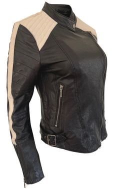 Use this knockout moto to add a chic, rugged edge to your endlessly fashion-forward looks. Long sleeves with moto-stitching, contrast undersleeves and zippered cuffs. Multiple zipper pockets at front. Hits at waist. Front zipper closure. Shell: Leather. Trim: Cotton, Polyester, Spandex. Lining: Polyester. Professional Leather Clean Only. Black Biker Jacket With Zip Cuffs, Black Biker Jacket With Zip Cuffs For Work, Black Leather Jacket With Zip Cuffs For Work, Casual Black Leather Jacket With Contrast Stitching, Black Leather Biker Jacket With Contrast Stitching, Biker Style Outerwear With Contrast Stitching For Fall, Biker Jacket With Contrast Stitching And Long Sleeves, Black Leather Biker Jacket With Zip Cuffs, Fall Biker Outerwear With Contrast Stitching