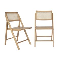 two wooden chairs sitting next to each other on top of a white background with the same chair in front of them