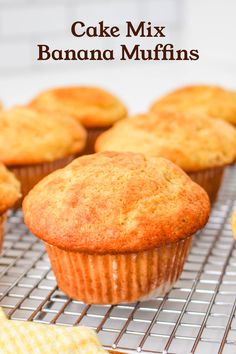 muffins cooling on a wire rack with the words cake mix banana muffins