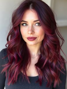 Ruby Balayage Hair, Berry Ombre Hair, Wine Red Hair Balayage, Cherry Cola Hair Color Balayage, Red Brunette Balayage, Black And Red Balayage, Maroon Balayage, Balayage Burgundy, Gradient Hair Color