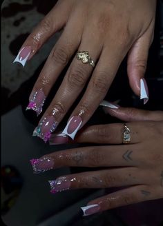 Duck Bling Nails, Designed French Tip Nails, Baddie Vacation Nails, Long Nails Black Women, Short Nail Acrylic Designs, Nail Sets Ideas, Medium Birthday Nails, Short Blinged Out Nails