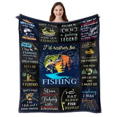 a woman holding up a blanket with fishing related items on it