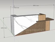 an architectural drawing of a building with wood and white marble on the outside wall, along with measurements