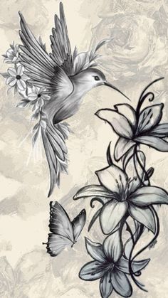 a drawing of a bird flying over flowers