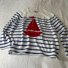 Ahoy, Matey!! Brand New With Tags Acrylic Sweater From Loft. Vibrant French Blue Stripes With A Vivid Red Sailboat. Size Xl With Long Sleeves And Crew Neck Collar Smoke And Pet Free Home White Sailor Style Long Sleeve Tops, Nautical Cotton Tops For Fall, Nautical Long Sleeve Tops For Summer, Nautical Style Long Sleeve Summer Tops, Red Sailboat, Ahoy Matey, Sweaters Women, Acrylic Sweater, French Blue