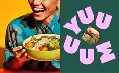 a woman holding a bowl of food with the words yu yuu in front of her