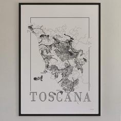 a black and white map of toscana, with the name in grey ink