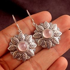 Sterling Silver Gemstone Flower Earrings For Gift, Bohemian Sterling Silver Pierced Flower Earrings, Bohemian Sterling Silver Flower Earrings, Bohemian Silver Flower Shaped Earrings, Bohemian Pink Sterling Silver Earrings, Pink Bohemian Sterling Silver Earrings, Green Sterling Silver Flower-shaped Earrings, Bohemian Silver Flower-shaped Earrings, Larimar Earrings