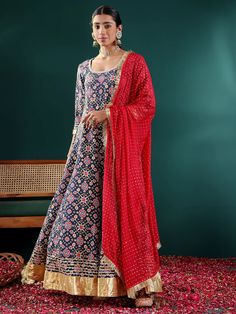 Navy Blue Viscose Rayon Bandhani Print Anarkali Kurta with Dupatta Bandhani Print Anarkali, Kurta With Dupatta, Red Dupatta, Green Anarkali, Bandhani Print, Red Kurta, Anarkali Kurta, Viscose Rayon, White Embroidery