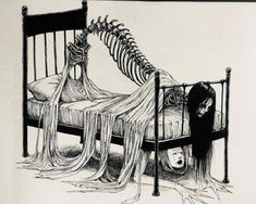 a black and white drawing of a skeleton laying on a bed next to a ghost