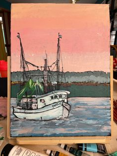 a painting of a fishing boat in the water