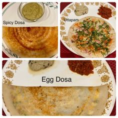 four different types of food on plates with sauces and condiments in them