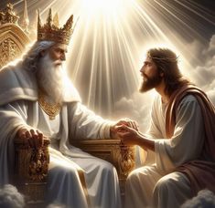 two men sitting on top of a golden throne next to each other in the clouds