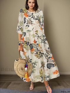 Peilia - Stylish Plus Size Womens Casual Dress: Floral Print Half Sleeve Round Neck Maxi Dress Casual Vacation Dresses With Plant Print, Casual Beige Floral Print Maxi Dress, Sweet Dresses, Floral Printing, Stylish Plus, Distressed Denim Jeans, Womens Casual, Sweet Dress, Casual Summer Dresses