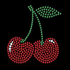 a pair of cherries with red and green dots in the shape of hearts on a black background