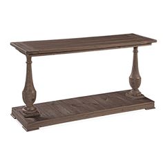 a wooden table with two legs and a shelf on the bottom that has an open drawer underneath it