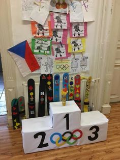 an olympic themed display in front of a door