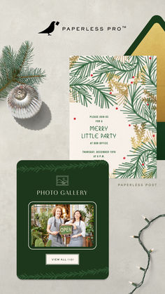 the christmas card and envelope is shown with pine branches on it, along with other holiday cards