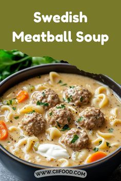 swedish meatball soup in a bowl with carrots and parsley on the side