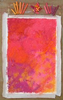 an abstract painting with crayons in the middle and on top of it is a pink square